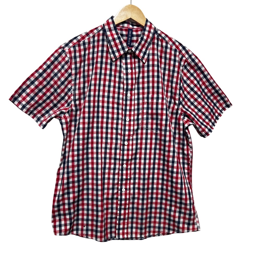 True Rock Mens Preppy Americana Button Shirt XL Red Blue Gingham Plaid Classic